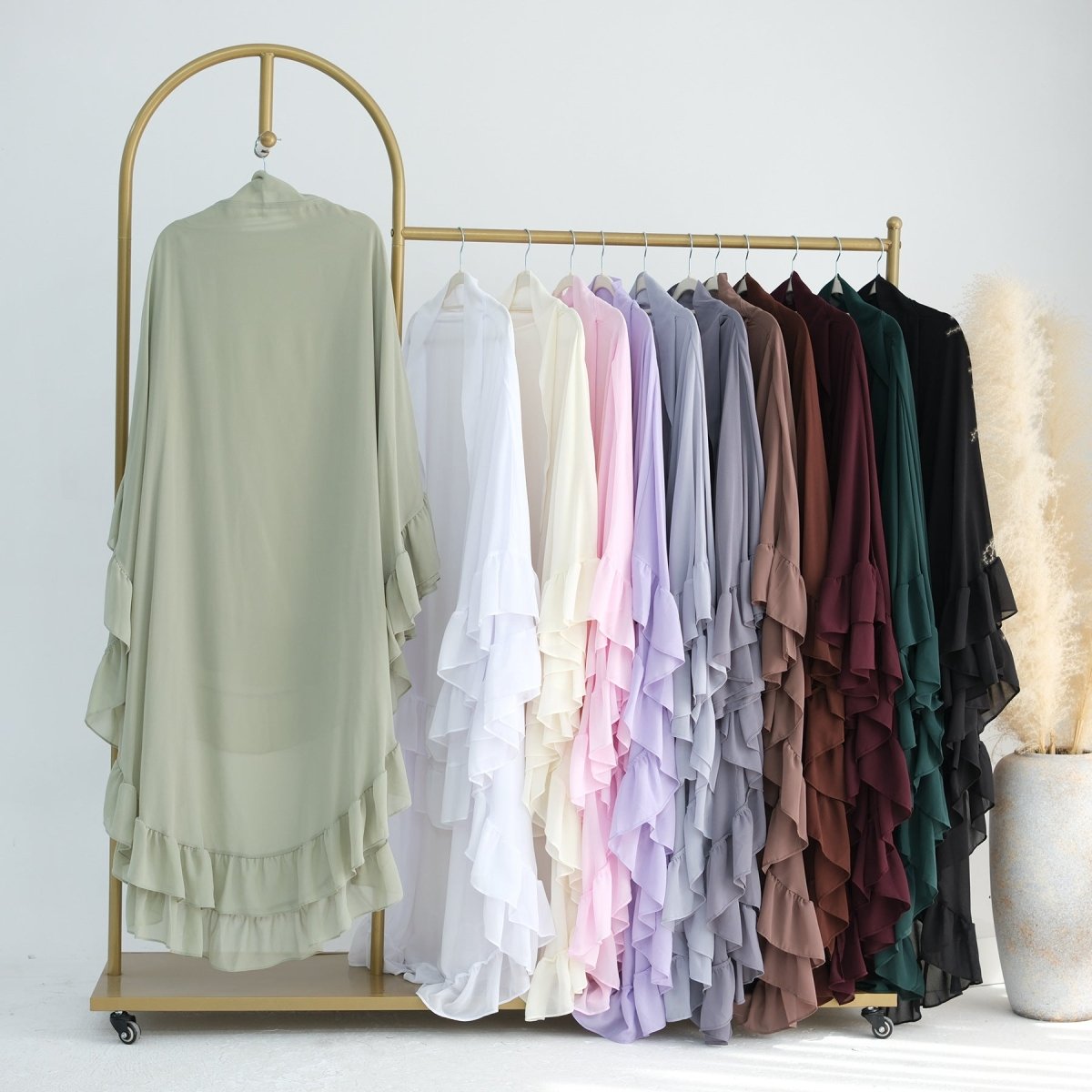 Modest Muslim Hijab in Soft Solid Colors with Flowy Cape Design Double - Layer Ruffle - Edged Big Swing Headscarf. (MK023) - Mariam's Collection