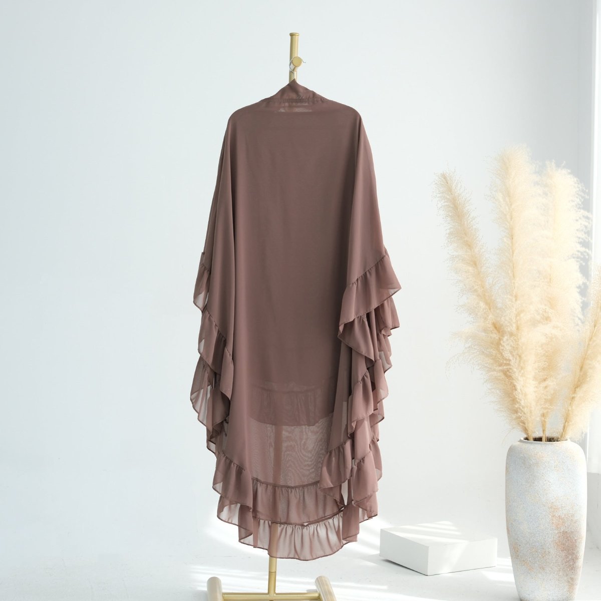Modest Muslim Hijab in Soft Solid Colors with Flowy Cape Design Double - Layer Ruffle - Edged Big Swing Headscarf. (MK023) - Mariam's Collection