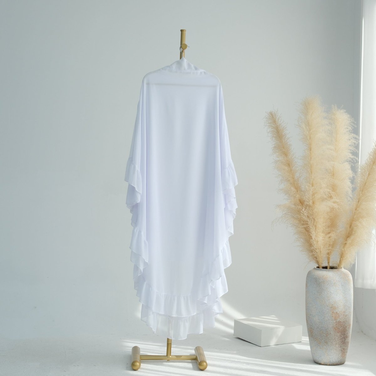 Modest Muslim Hijab in Soft Solid Colors with Flowy Cape Design Double - Layer Ruffle - Edged Big Swing Headscarf. (MK023) - Mariam's Collection