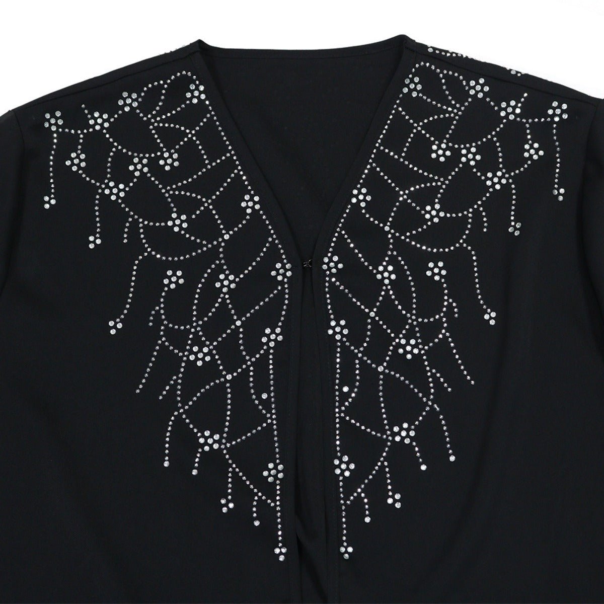 Modest Muslim Loose Fit Black Diamond Embellished V - Neck Abaya Dress(MOA208) - Mariam's Collection