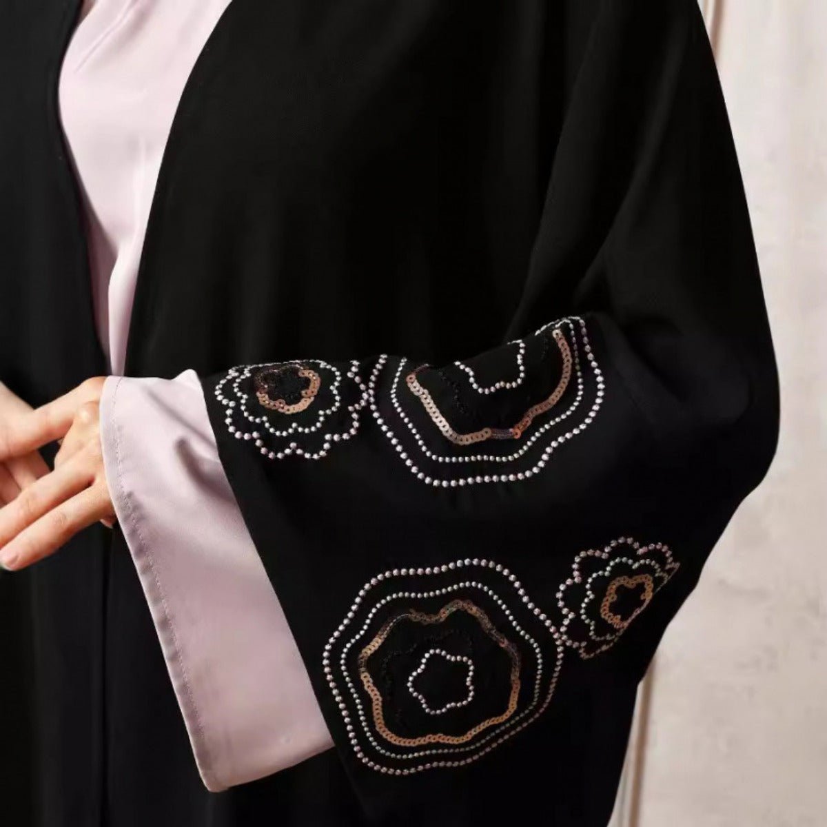 Modest Muslim Luxury Batwing Abaya Set | Black Embroidered Cardigan & Lavender Dress. (MOA181) - Mariam's Collection