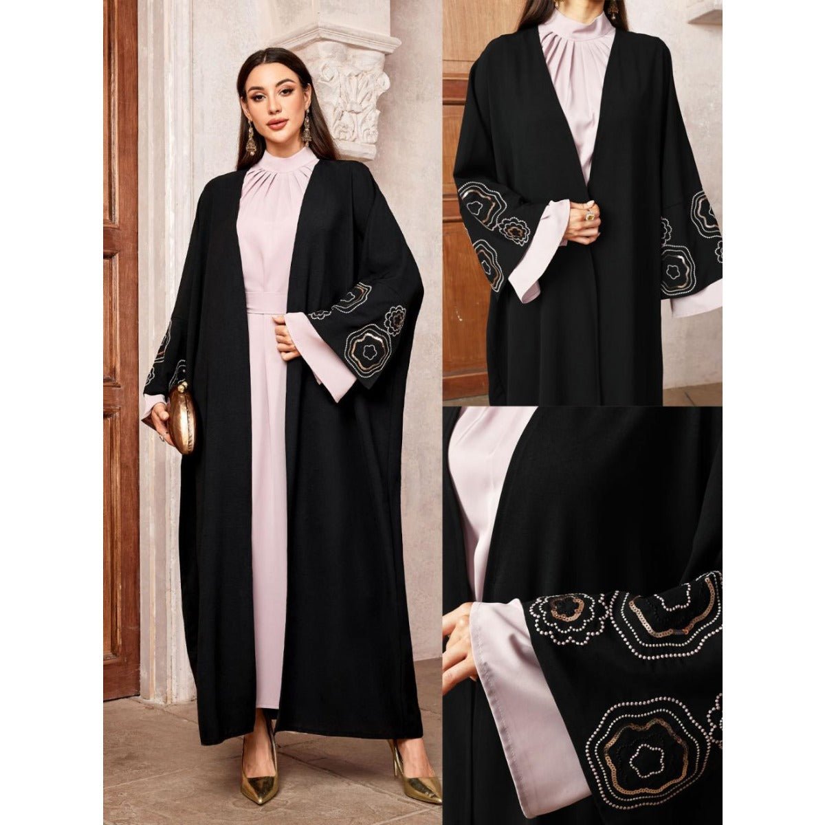 Modest Muslim Luxury Batwing Abaya Set | Black Embroidered Cardigan & Lavender Dress. (MOA181) - Mariam's Collection
