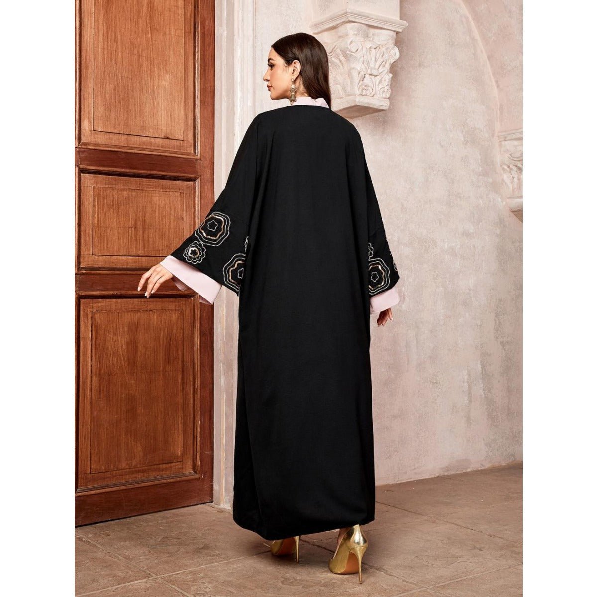 Modest Muslim Luxury Batwing Abaya Set | Black Embroidered Cardigan & Lavender Dress. (MOA181) - Mariam's Collection