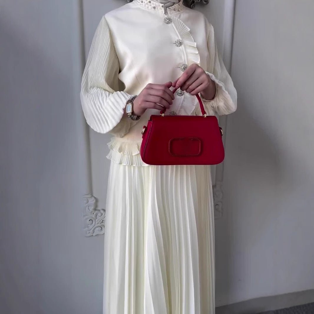 Modest Muslim Women's Pleated Loose Blouse & Skirt Set with Pearl Embellishments