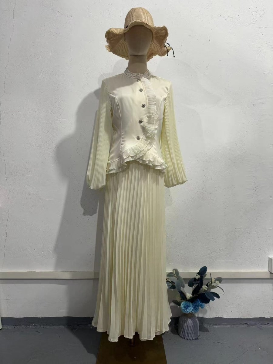 Modest Muslim Women's Pleated Loose Blouse & Subtle Pleated Skirt Set with Pearl Embellishments. (MS080) - Mariam's Collection