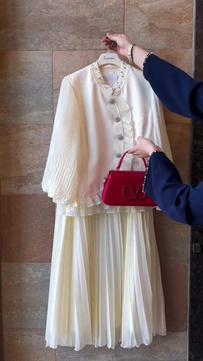 Modest Muslim Women's Pleated Loose Blouse & Subtle Pleated Skirt Set with Pearl Embellishments. (MS080) - Mariam's Collection