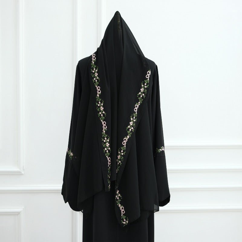 Modest Nida Fabric Floral Embroidered Bell Sleeves Cardigan 3 - Piece Set(MOA229) - Mariam's Collection