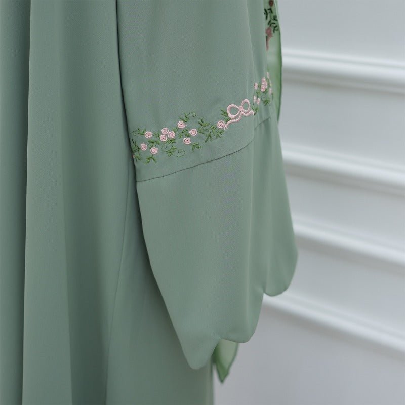 Modest Nida Fabric Floral Embroidered Bell Sleeves Cardigan 3 - Piece Set(MOA229) - Mariam's Collection