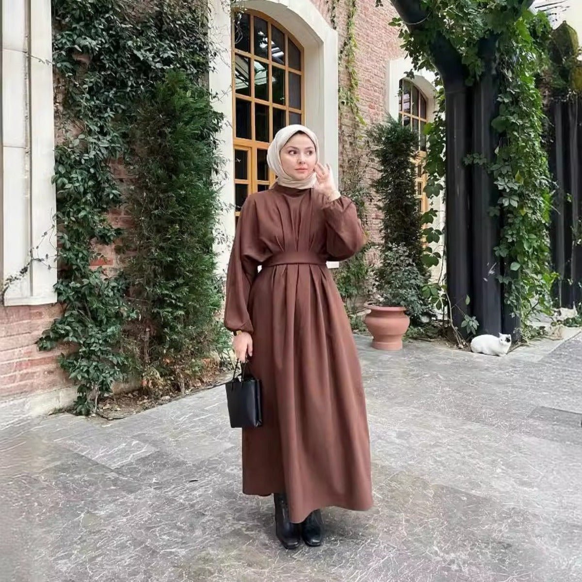 Modest Pleated Solid Color Tie - Sleeve Maxi Dress (MA171) - Mariam's Collection