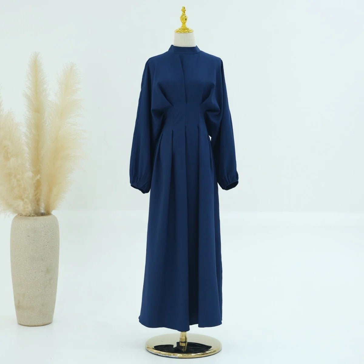 Modest Pleated Solid Color Tie - Sleeve Maxi Dress (MA171) - Mariam's Collection