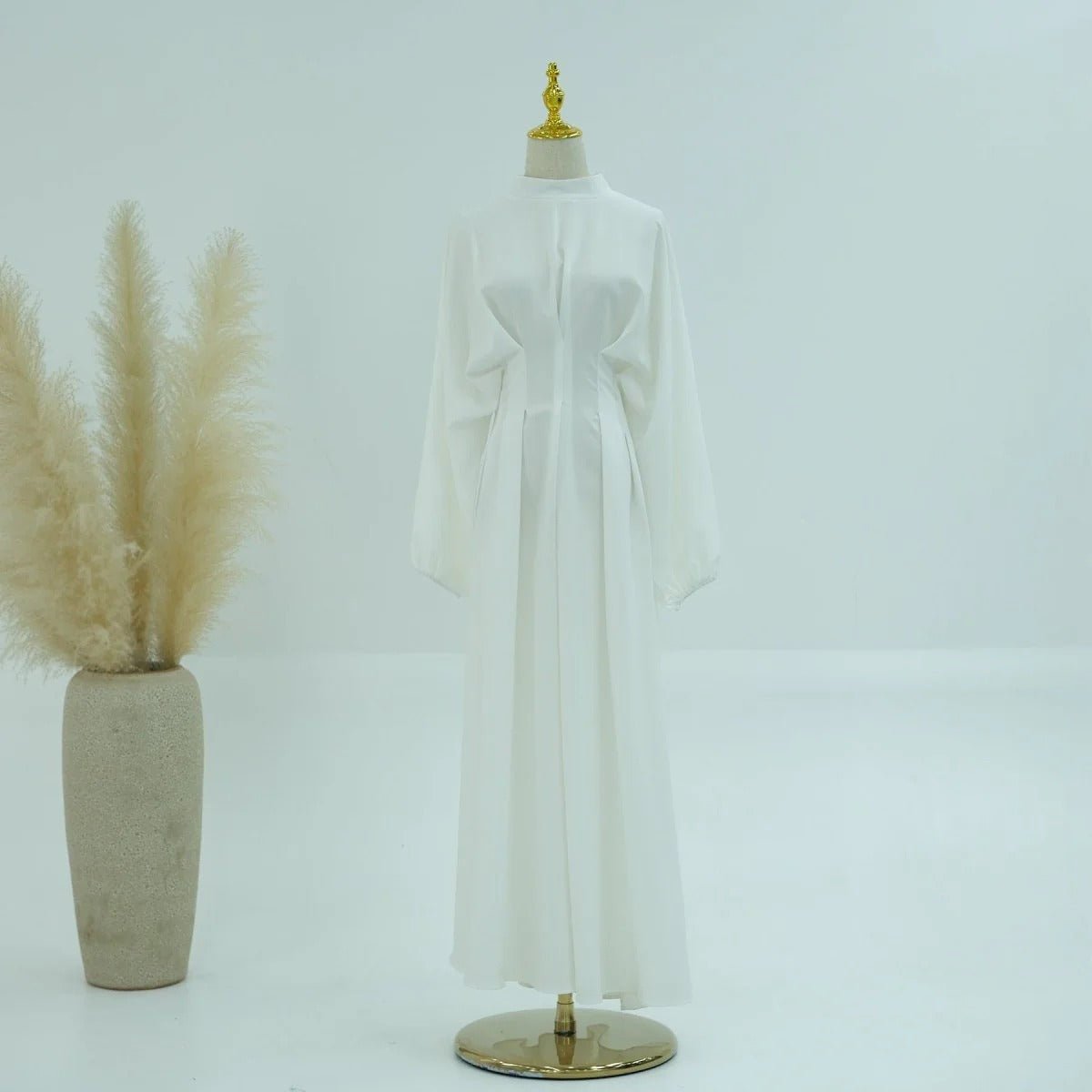 Modest Pleated Solid Color Tie - Sleeve Maxi Dress (MA171) - Mariam's Collection