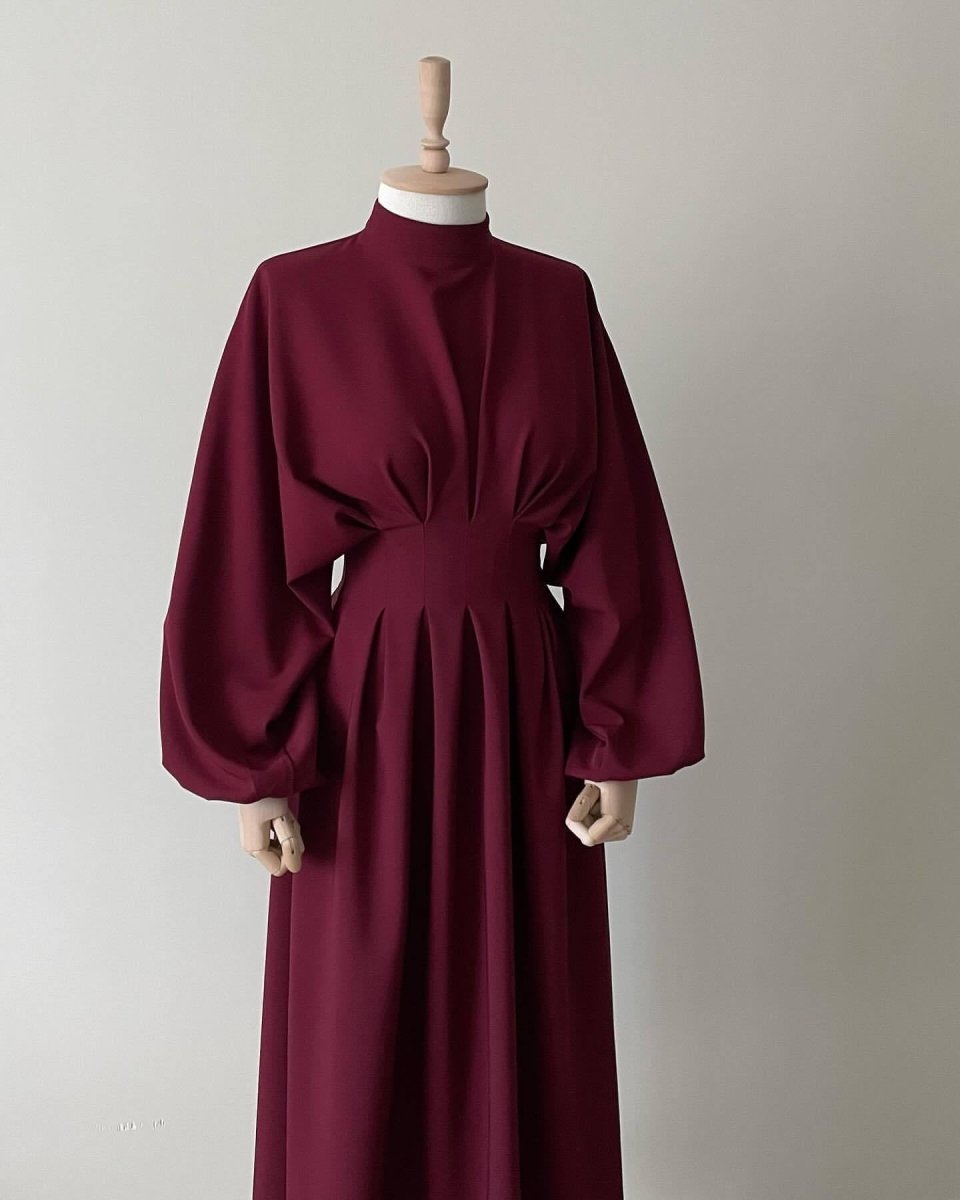 Modest Pleated Solid Color Tie - Sleeve Maxi Dress (MA171) - Mariam's Collection