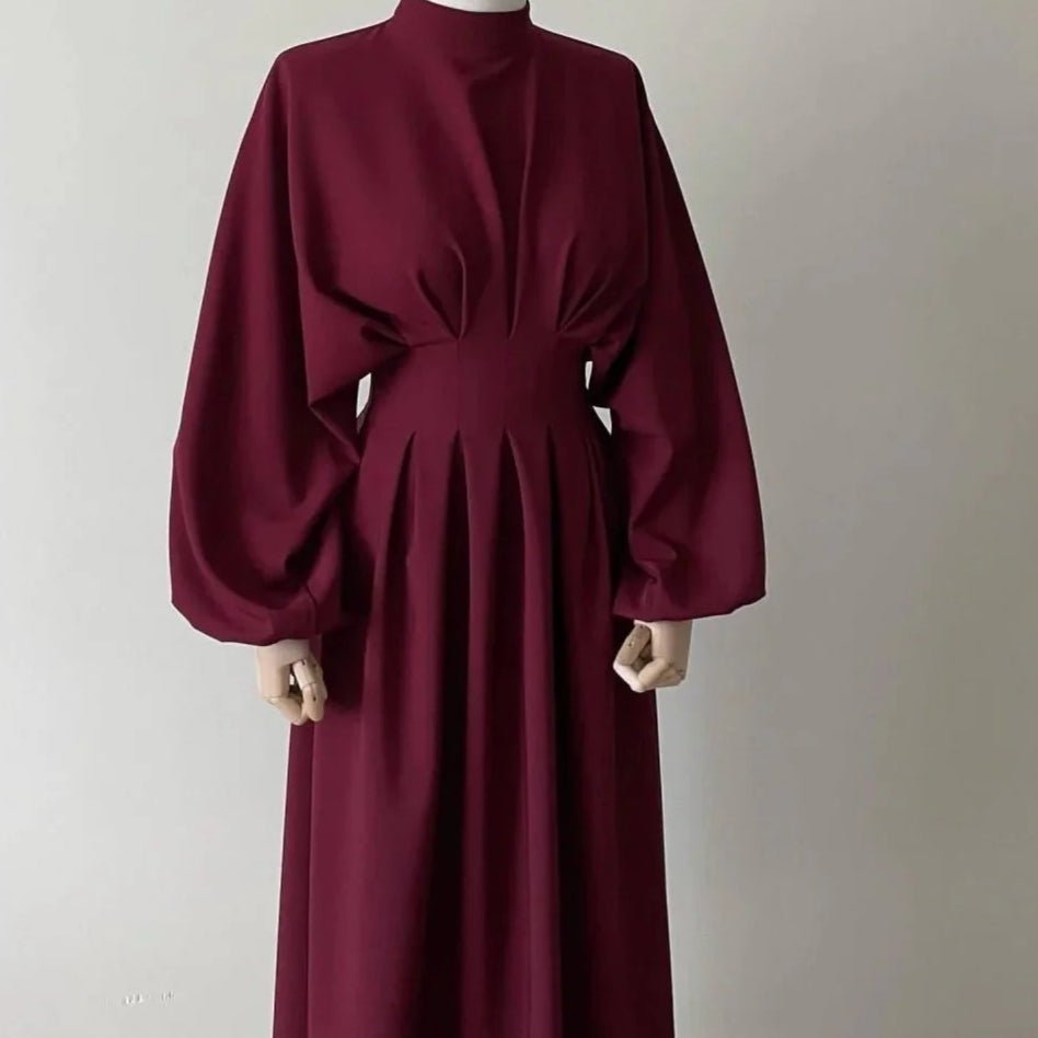 Modest Pleated Solid Color Tie - Sleeve Maxi Dress (MA171) - Mariam's Collection