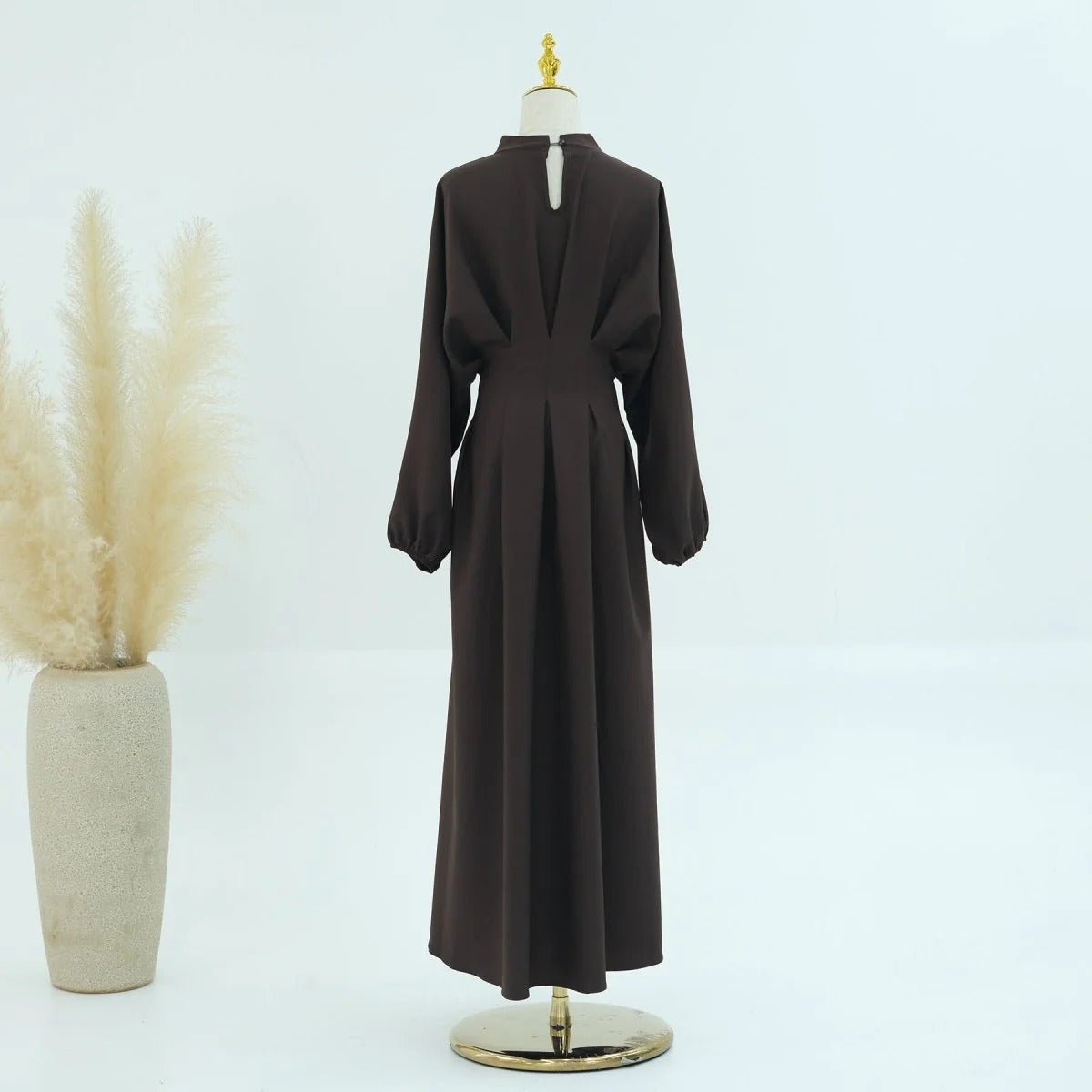 Modest Pleated Solid Color Tie - Sleeve Maxi Dress (MA171) - Mariam's Collection