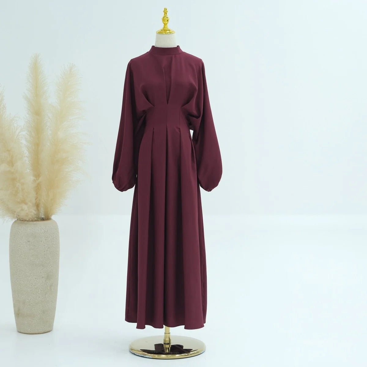 Modest Pleated Solid Color Tie - Sleeve Maxi Dress (MA171) - Mariam's Collection