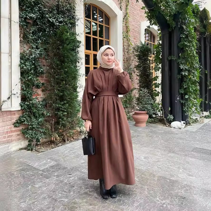 Modest Pleated Solid Color Tie - Sleeve Maxi Dress (MA171) - Mariam's Collection