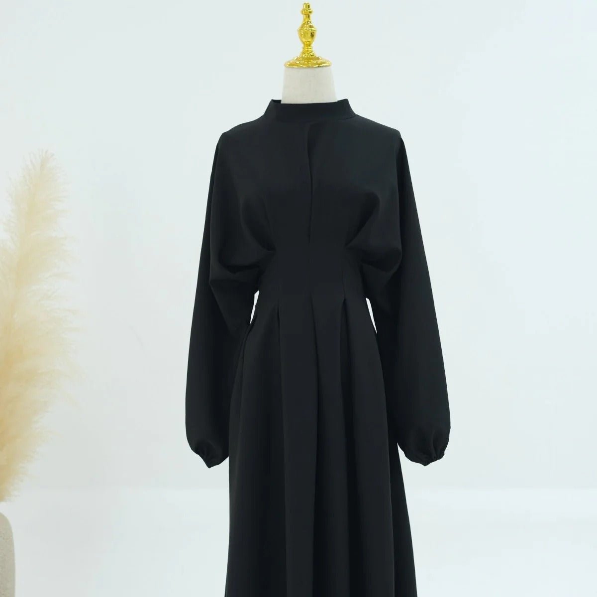Modest Pleated Solid Color Tie - Sleeve Maxi Dress (MA171) - Mariam's Collection