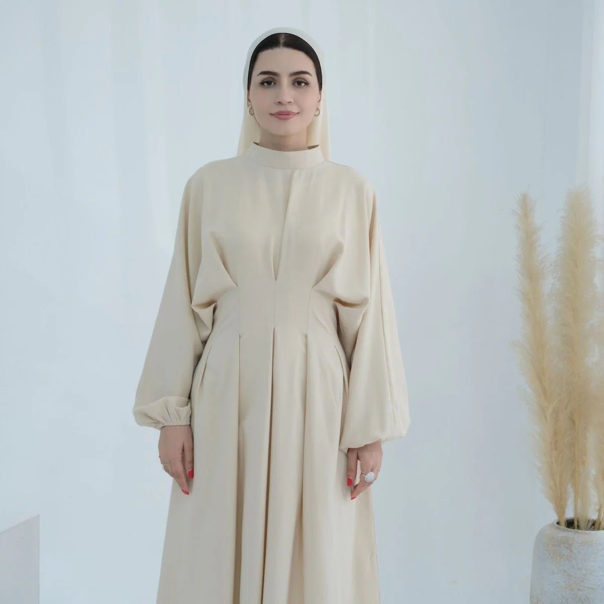 Modest Pleated Solid Color Tie - Sleeve Maxi Dress (MA171) - Mariam's Collection