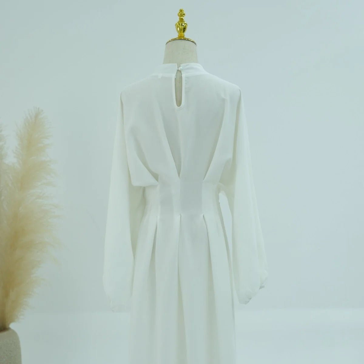 Modest Pleated Solid Color Tie - Sleeve Maxi Dress (MA171) - Mariam's Collection