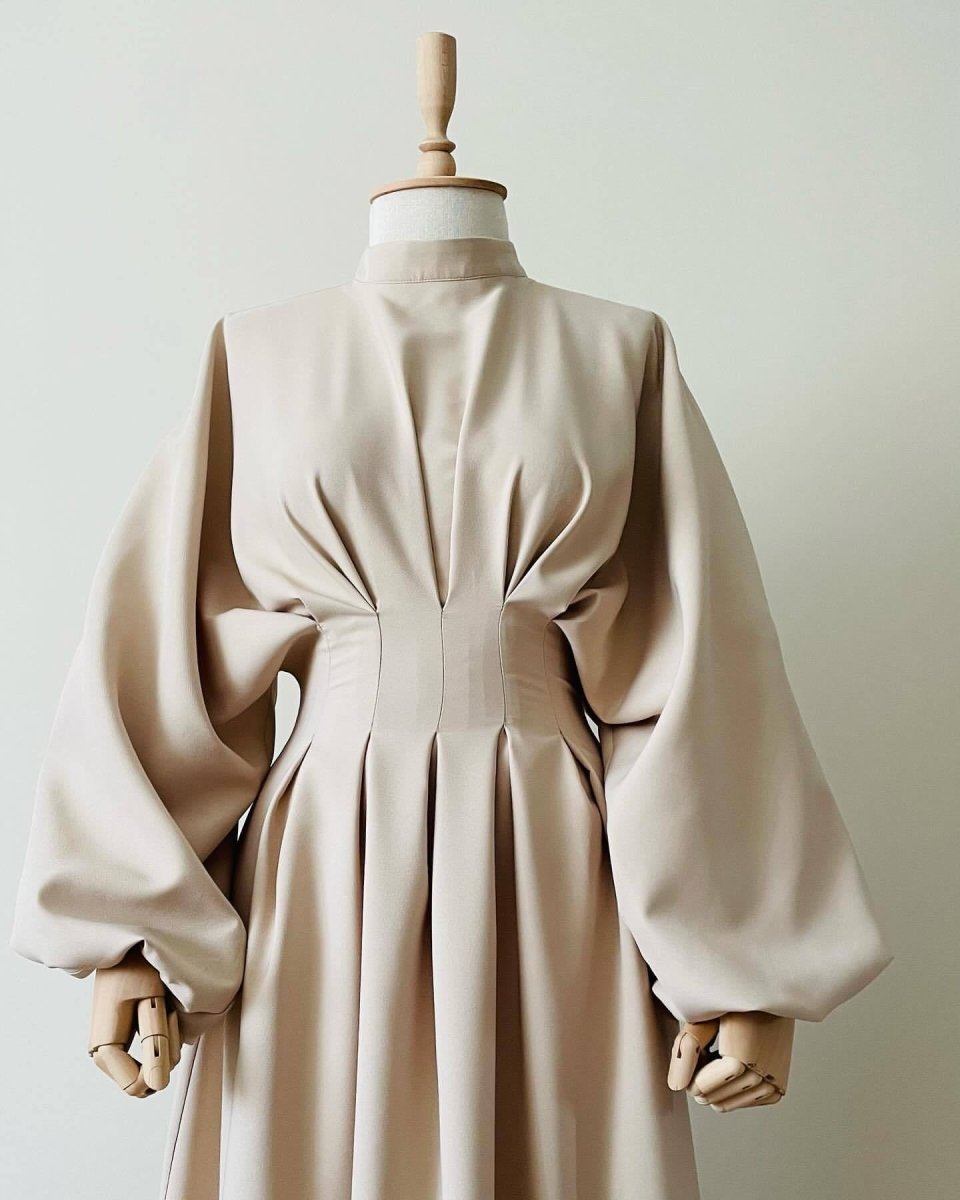 Modest Pleated Solid Color Tie - Sleeve Maxi Dress (MA171) - Mariam's Collection