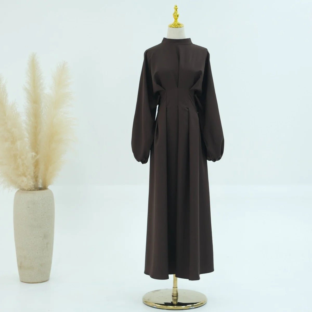Modest Pleated Solid Color Tie - Sleeve Maxi Dress (MA171) - Mariam's Collection