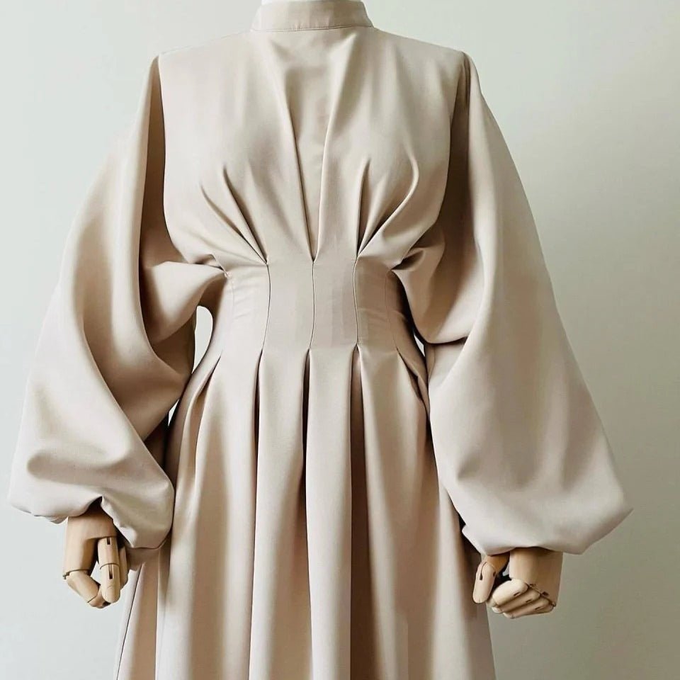 Modest Pleated Solid Color Tie - Sleeve Maxi Dress (MA171) - Mariam's Collection