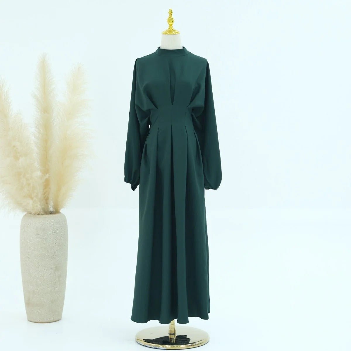 Modest Pleated Solid Color Tie - Sleeve Maxi Dress (MA171) - Mariam's Collection