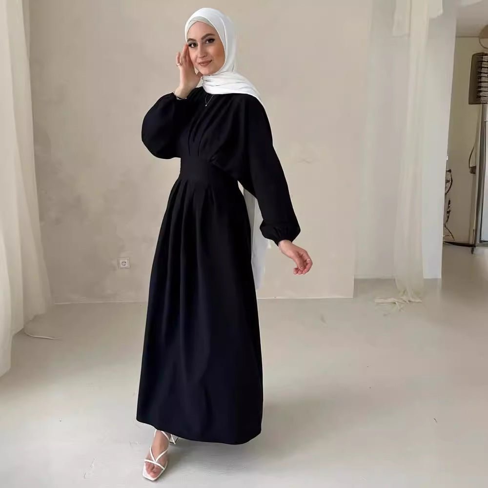 Modest Pleated Solid Color Tie - Sleeve Maxi Dress (MA171) - Mariam's Collection