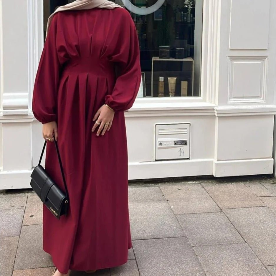 Modest Pleated Solid Color Tie - Sleeve Maxi Dress (MA171) - Mariam's Collection
