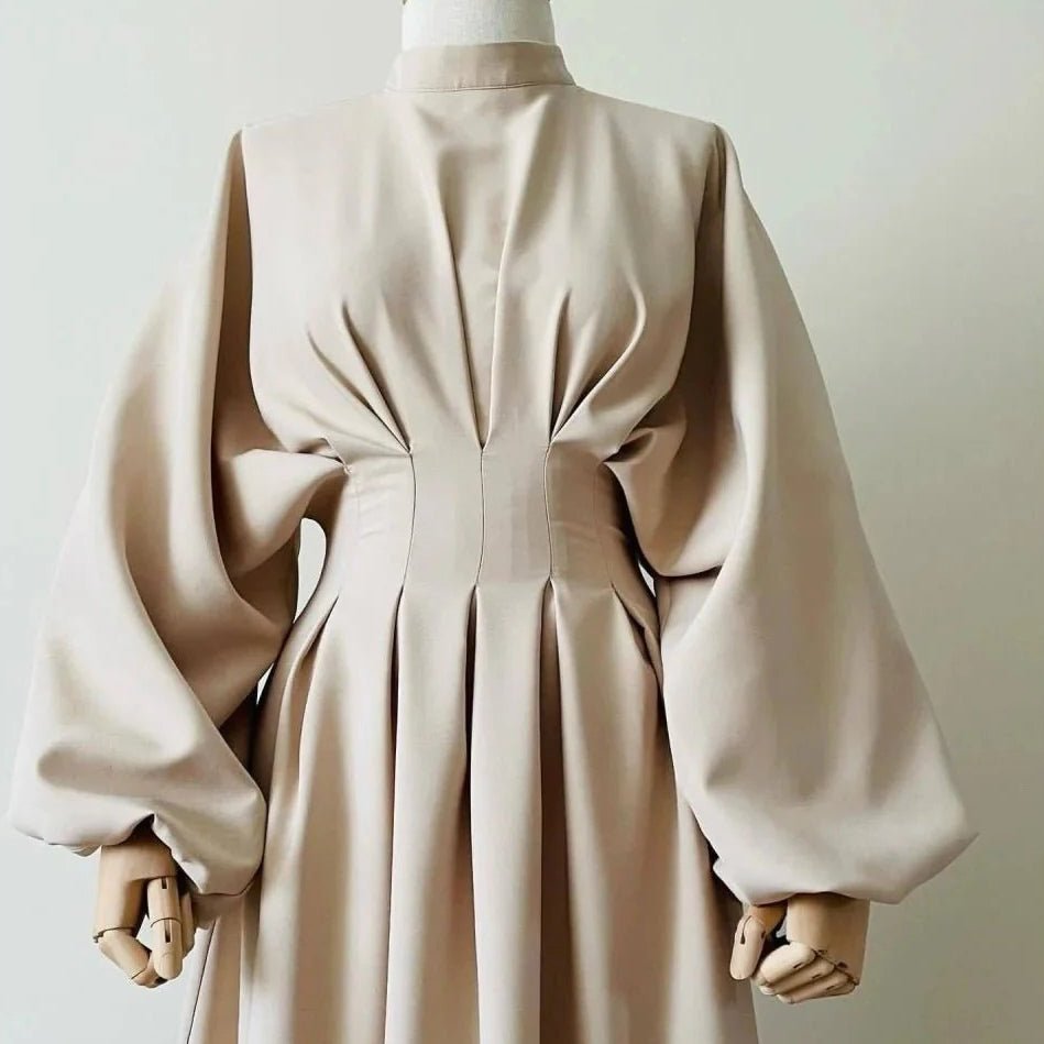 Modest Pleated Solid Color Tie - Sleeve Maxi Dress (MA171) - Mariam's Collection