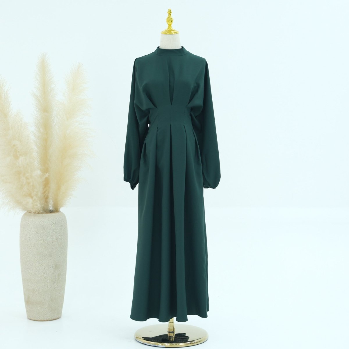 Modest Pleated Solid Color Tie - Sleeve Maxi Dress (MA171) - Mariam's Collection