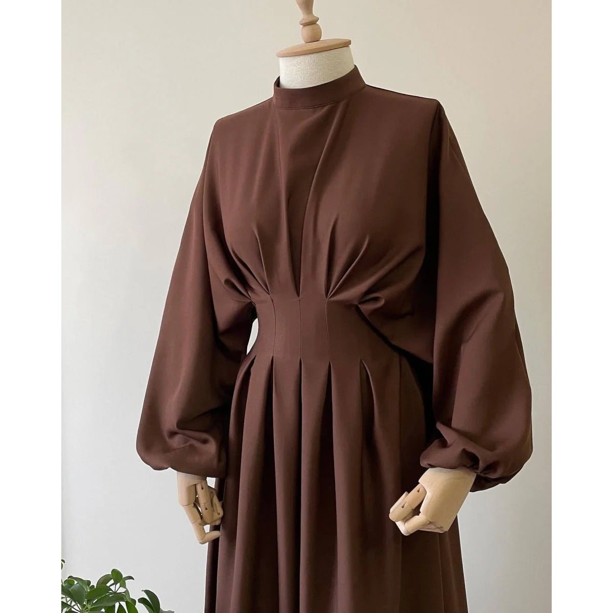 Modest Pleated Solid Color Tie - Sleeve Maxi Dress (MA171) - Mariam's Collection