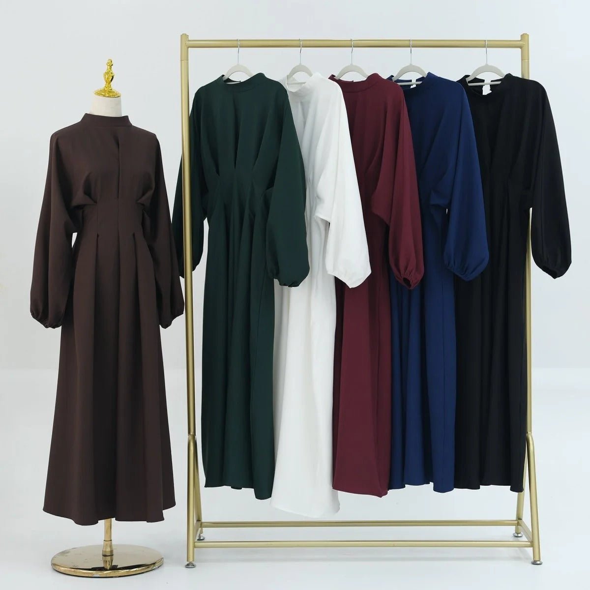 Modest Pleated Solid Color Tie - Sleeve Maxi Dress (MA171) - Mariam's Collection