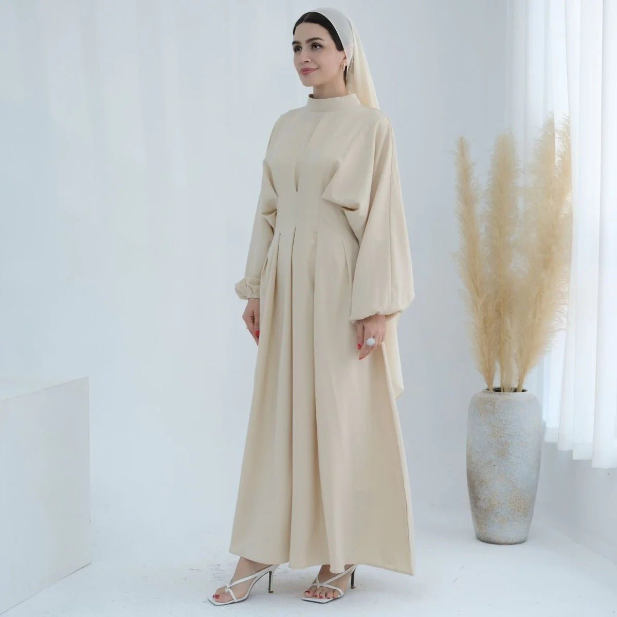 Modest Pleated Solid Color Tie - Sleeve Maxi Dress (MA171) - Mariam's Collection