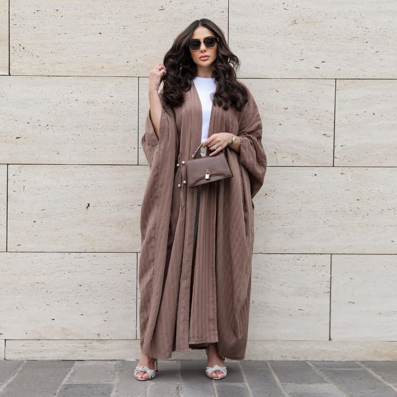 Modest Pleated Striped Abaya Cardigan Robe | V - Neck Bat Sleeve Kimono Cover - Up With Pearl Button(MOA226) - Mariam's Collection