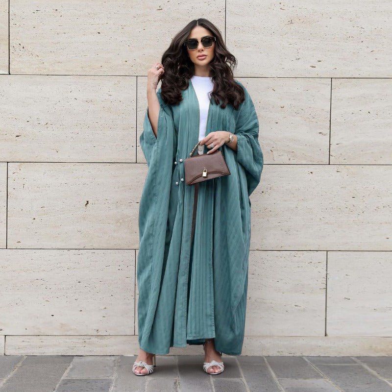 Modest Pleated Striped Abaya Cardigan Robe | V - Neck Bat Sleeve Kimono Cover - Up With Pearl Button(MOA226) - Mariam's Collection