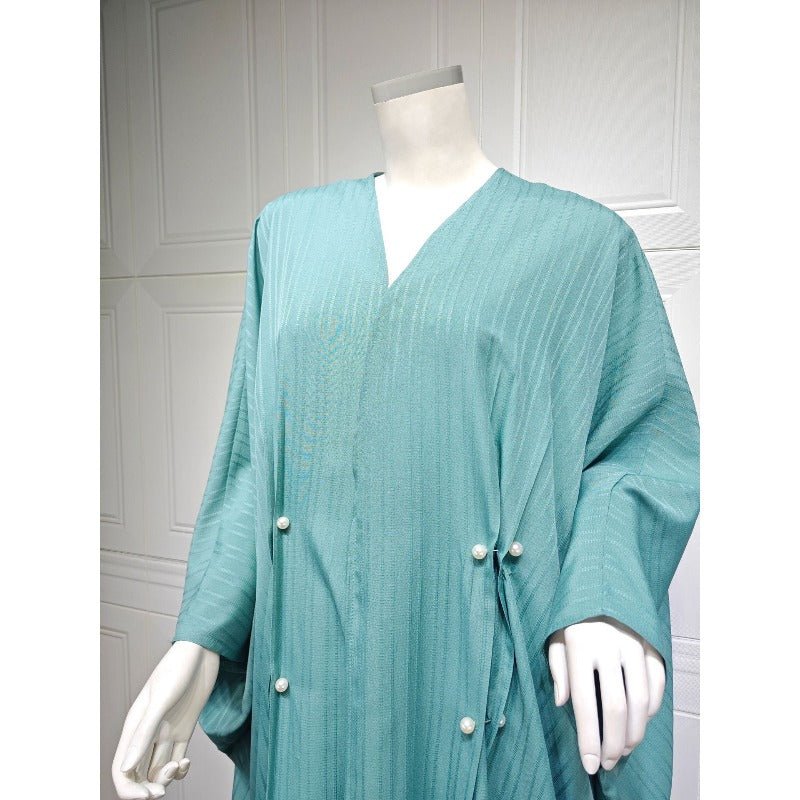 Modest Pleated Striped Abaya Cardigan Robe | V - Neck Bat Sleeve Kimono Cover - Up With Pearl Button(MOA226) - Mariam's Collection