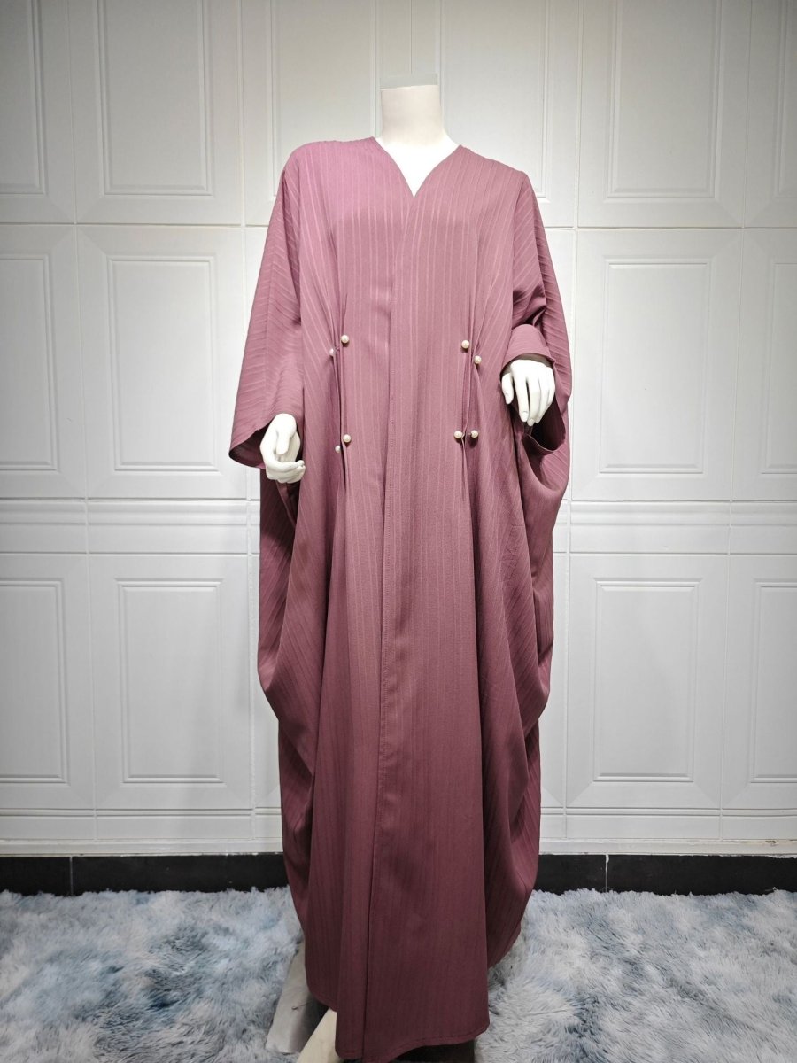 Modest Pleated Striped Abaya Cardigan Robe | V - Neck Bat Sleeve Kimono Cover - Up With Pearl Button(MOA226) - Mariam's Collection
