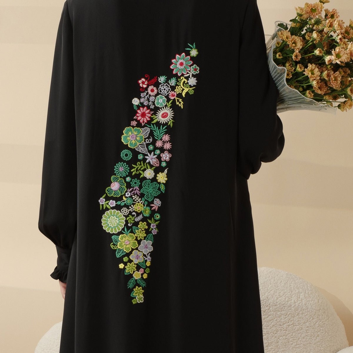 Modest Pullover Abaya with Palestinian Embroidery, Elegant Ruffled Cuff Maxi Dress (MA141) - Mariam's Collection