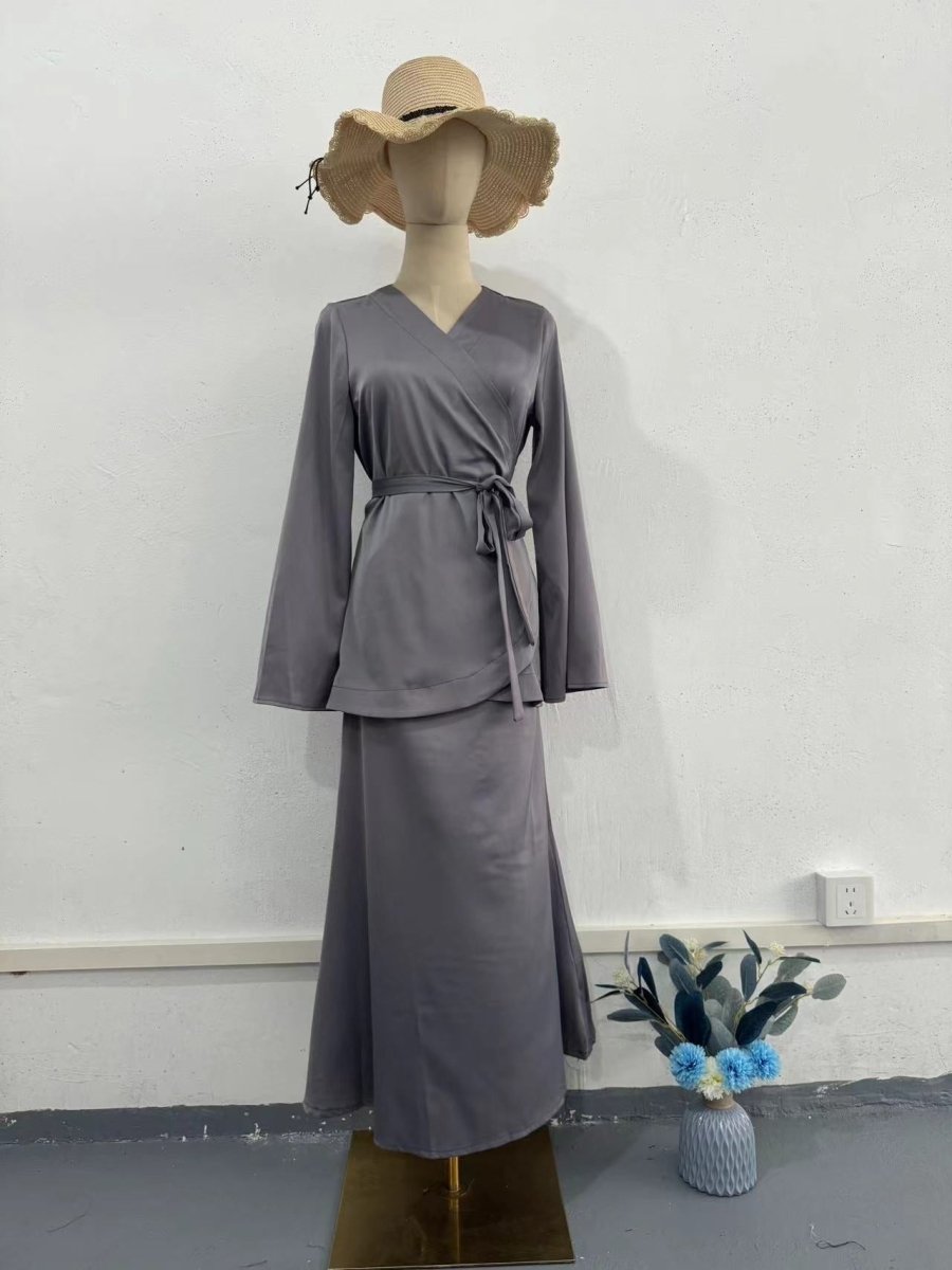 Modest Two - Piece Set Elegant Grey Satin Splicing Waist Abaya Dress Suit (MA206) - Mariam's Collection
