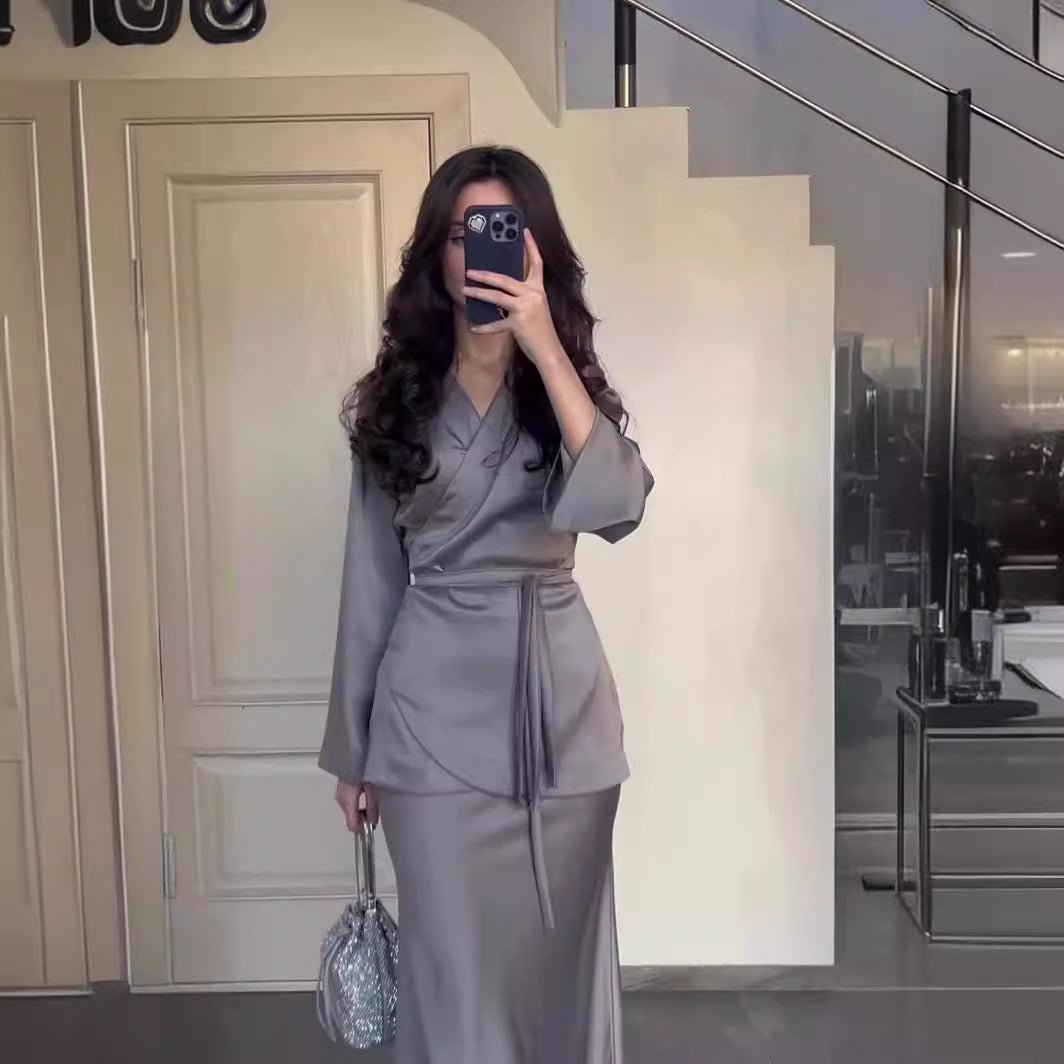 Modest Two - Piece Set Elegant Grey Satin Splicing Waist Abaya Dress Suit (MA206) - Mariam's Collection