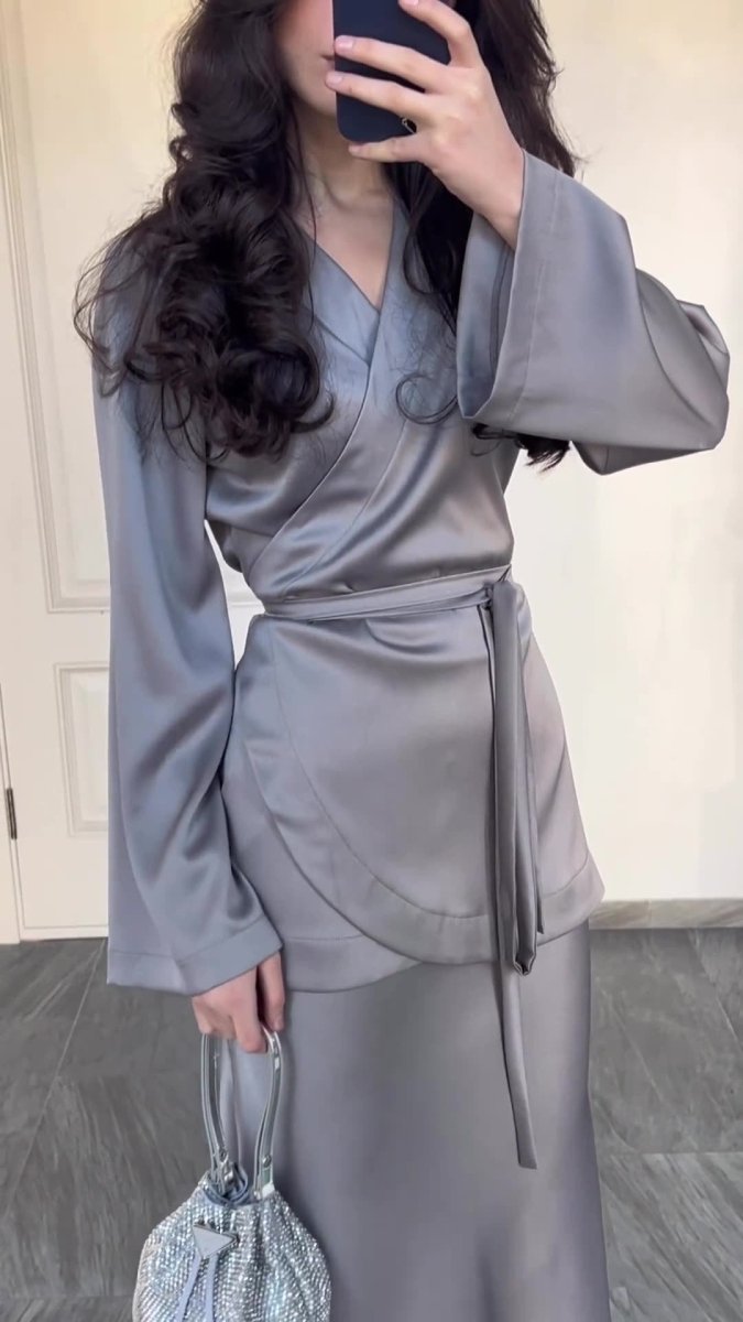 Modest Two - Piece Set Elegant Grey Satin Splicing Waist Abaya Dress Suit (MA206) - Mariam's Collection