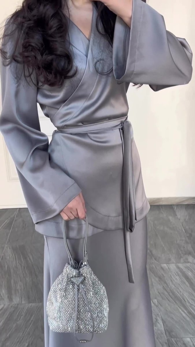 Modest Two - Piece Set Elegant Grey Satin Splicing Waist Abaya Dress Suit (MA206) - Mariam's Collection
