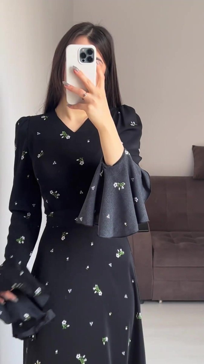 Modest V - Neck Boho Chiffon Black Floral Abaya Dress with Lotus Sleeve Flared Bell Sleeves. (MA202) - Mariam's Collection