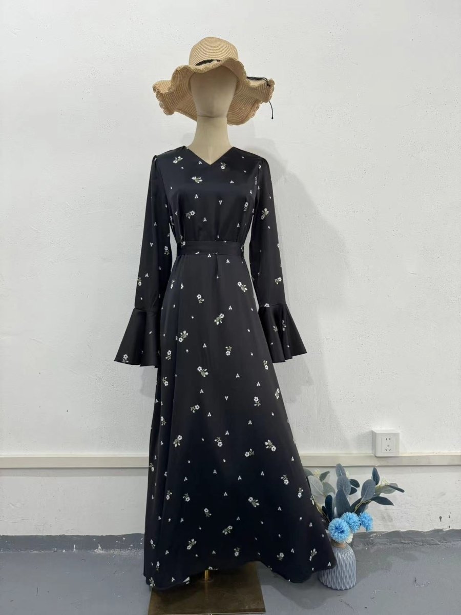 Modest V - Neck Boho Chiffon Black Floral Abaya Dress with Lotus Sleeve Flared Bell Sleeves. (MA202) - Mariam's Collection