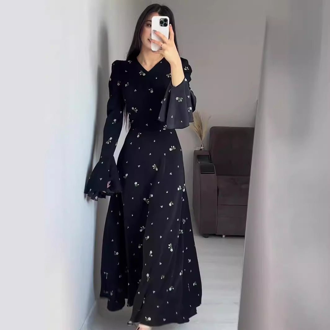 Modest V - Neck Boho Chiffon Black Floral Abaya Dress with Lotus Sleeve Flared Bell Sleeves. (MA202) - Mariam's Collection