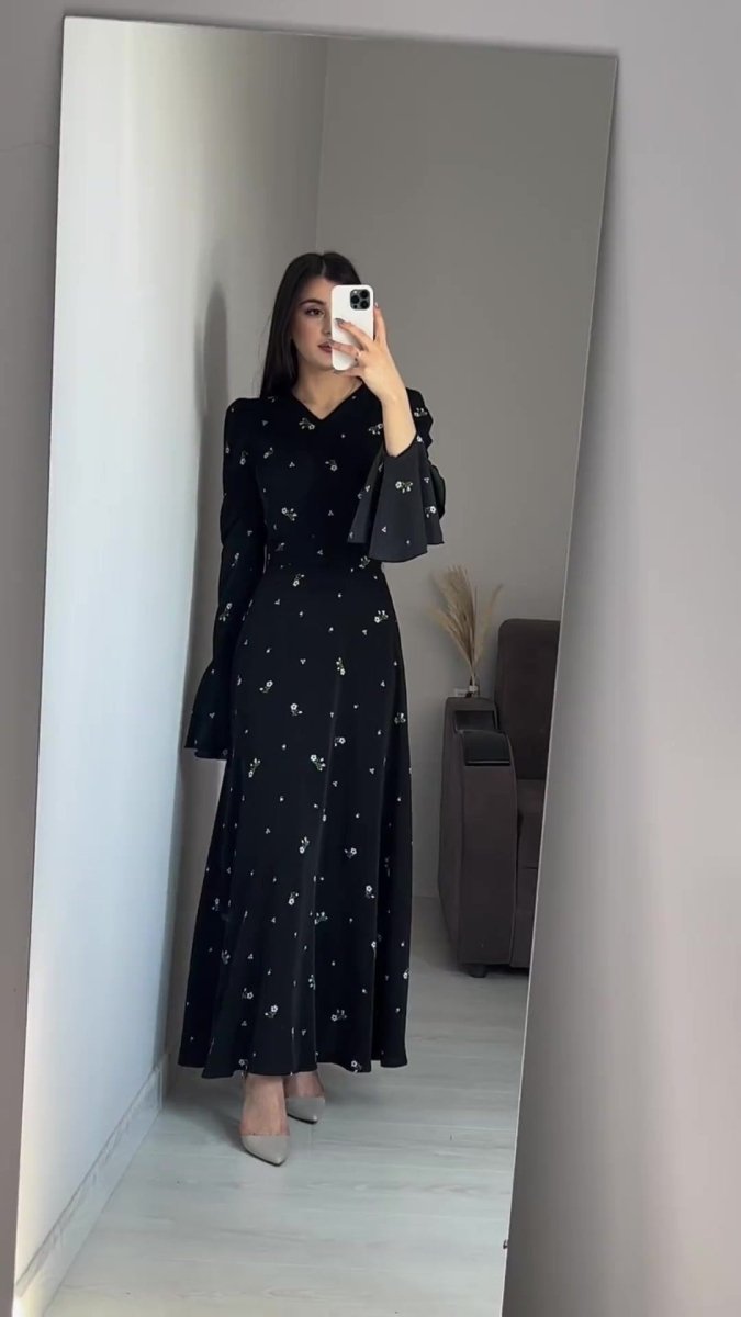 Modest V - Neck Boho Chiffon Black Floral Abaya Dress with Lotus Sleeve Flared Bell Sleeves. (MA202) - Mariam's Collection