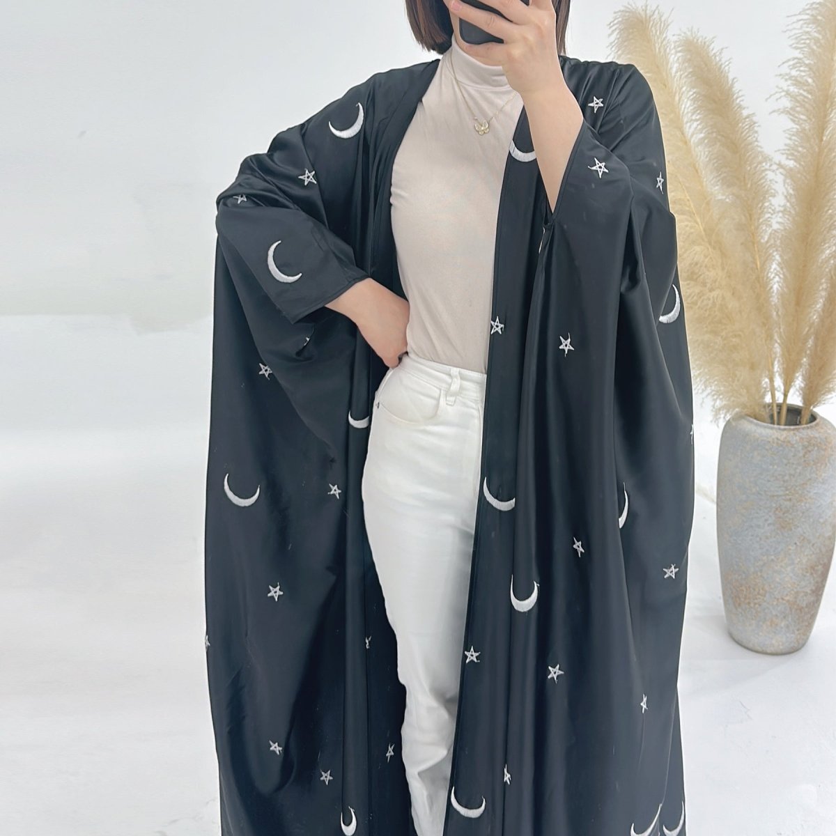 Moon and Star Embroidery Design Open Abaya for Eid (MOA043) - Mariam's Collection