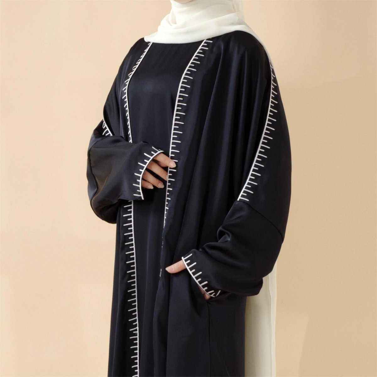 Moonlight Navy Abaya With White Geometric Stitch Embroidery | 2 - Piece Set (MOA119) - Mariam's Collection