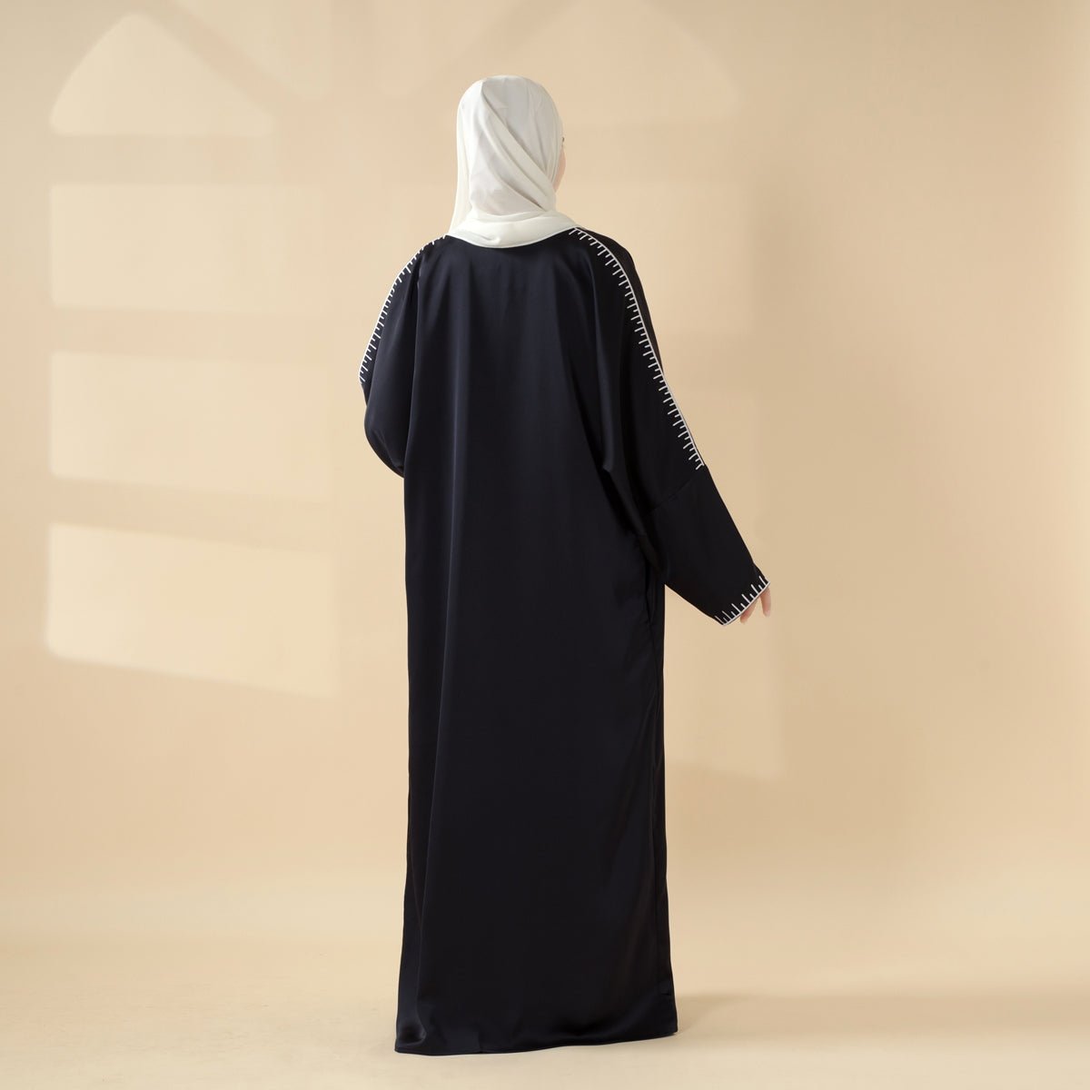 Moonlight Navy White Geometric Stitch Embroidered Matte Satin Two - Piece Set Abaya (MOA119) - Mariam's Collection